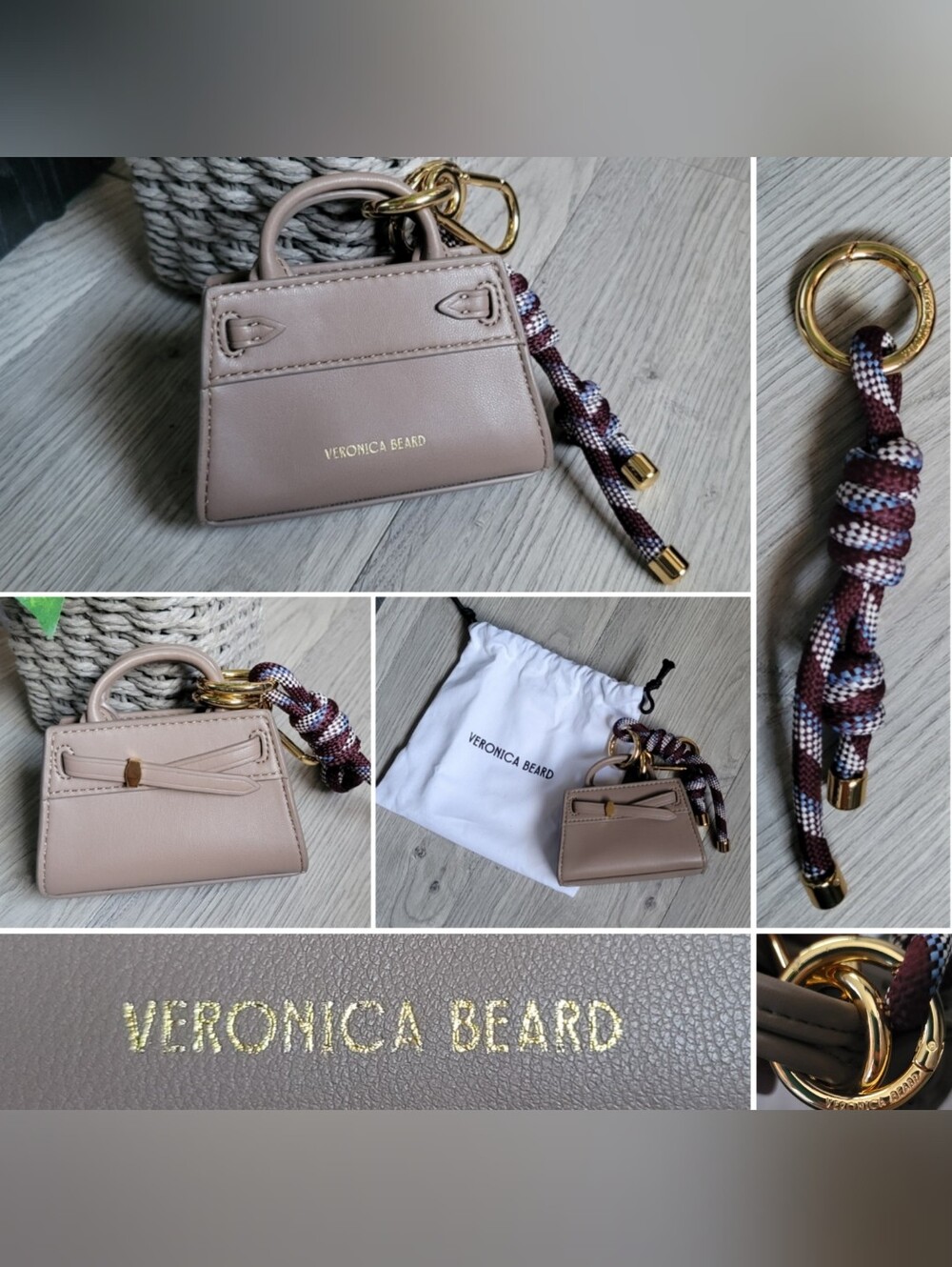 Veronica Beard Dash Bag Charm Purse in Bark Multi (4"x4.5") + 7" Rope Keychain